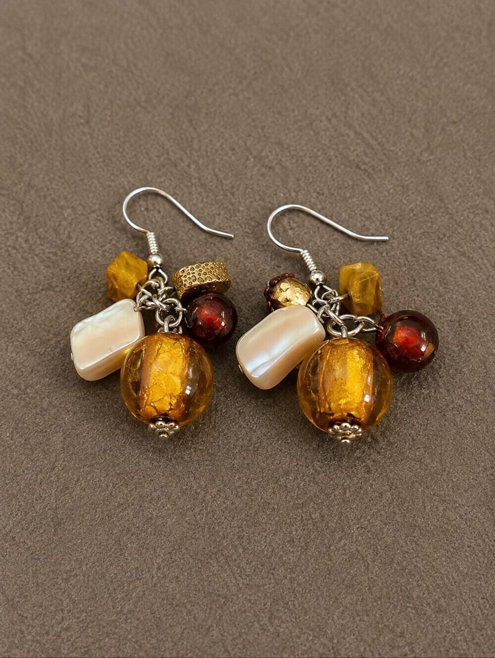 VTG Glass Shell Bead Cluster Festival Dangle Hook Earrings